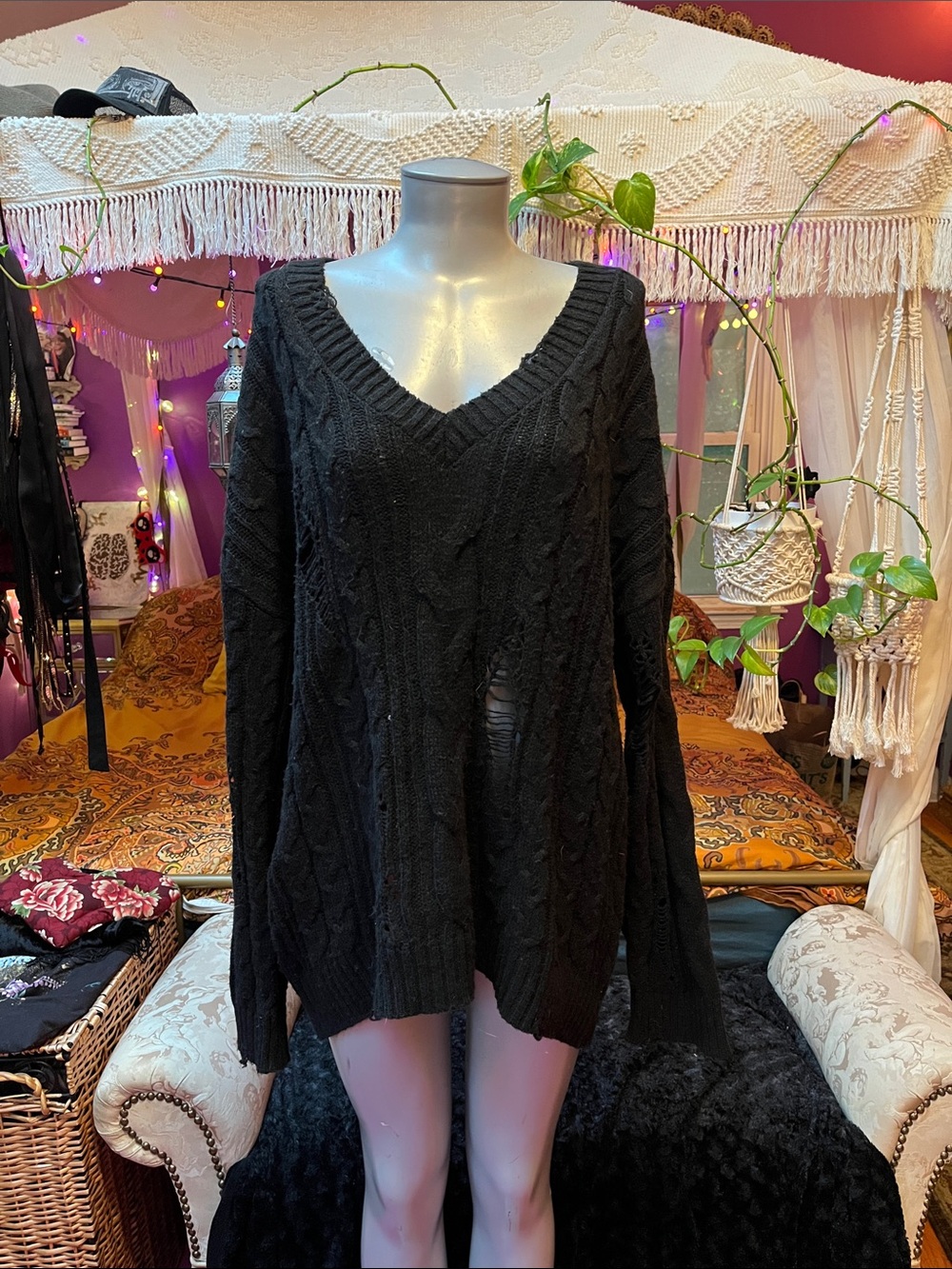 Wild fable goth grunge distressed ripped v-neck knit sweater